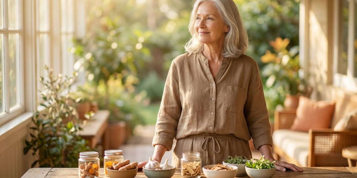 healthy senior with natural herbs supporting heart and brain health