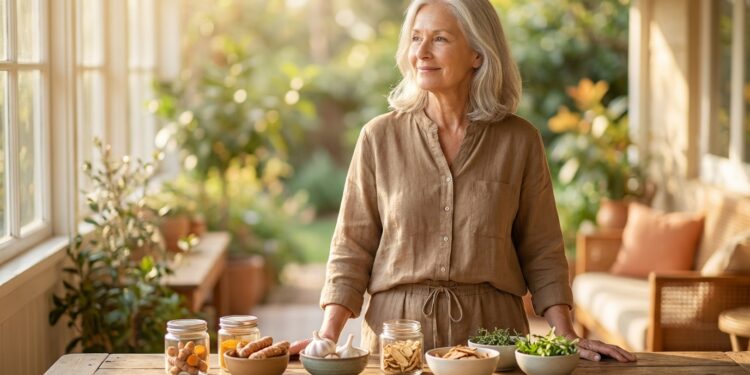 healthy senior with natural herbs supporting heart and brain health